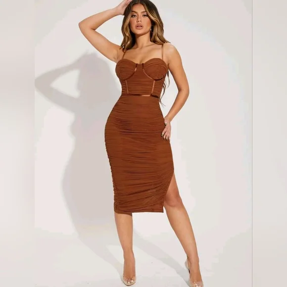pearl modiadie evening dresses ASTR the Label | Elyssa Satin Midi Dress in Rust Brown